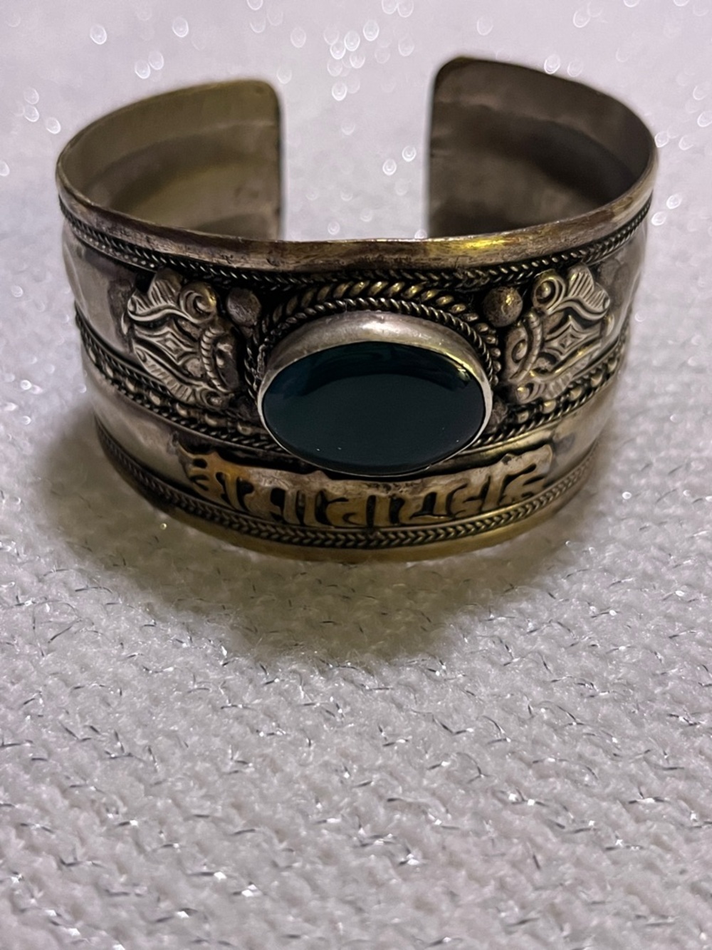 Silvertone Cuff Bracelet with Dark Green Stone